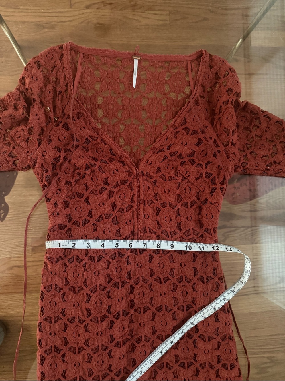 Free People Rust Crochet Lace Bell Sleeve Lined Festival Boho Mini Dress Sz 0 - Picture 12 of 15
